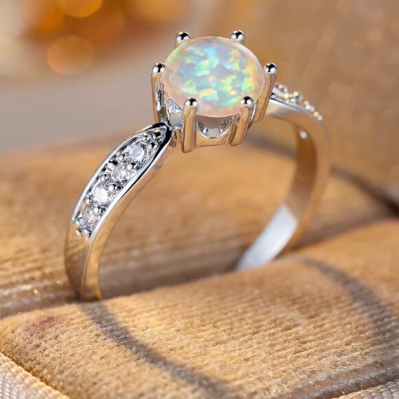 NEW 14k White Gold White Opal Diamond Ring Oval Cut Ring Opal Solitaire Ring